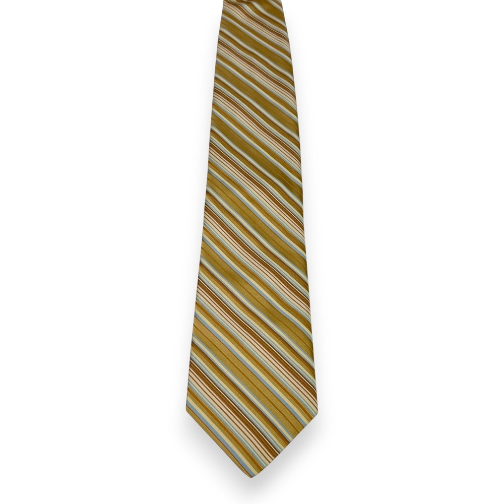 IKE BEHAR Mens Silk Tie 61 x 3.75 Long Gold‎ Blue Stripe Made in USA Power Wide